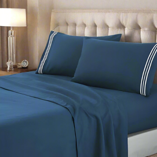 soft microfibre embroidered stripe sheet set king sailor blue pillowcase white stripe