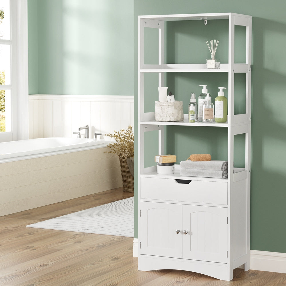 Artiss Bathroom Floor Storage Cabinet with 2 Drawers 3 Open Shelves 2 Doors White