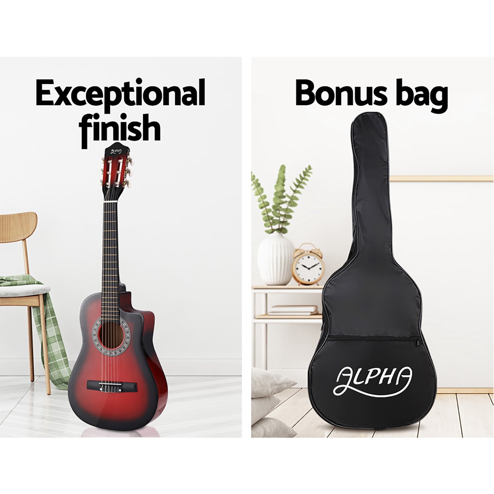 Alpha 34-inch Classical Travel guitar - Red Wooden Body with Bag and Stand