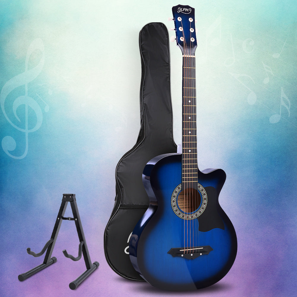 Alpha 38 Inch Acoustic Guitar Wooden Body Steel String Full Size w/ Stand Blue