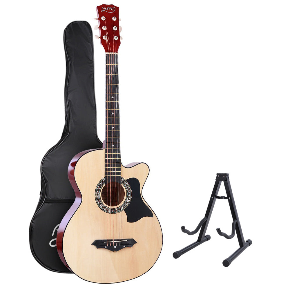 Alpha 38 Inch Acoustic Guitar Wooden Body Steel String Full Size w/ Stand Wood