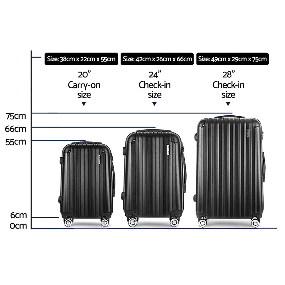 Wanderlite Luggage Set 3pc 20" 24" 28" Suitcase Hardcase Trolley Travel Black