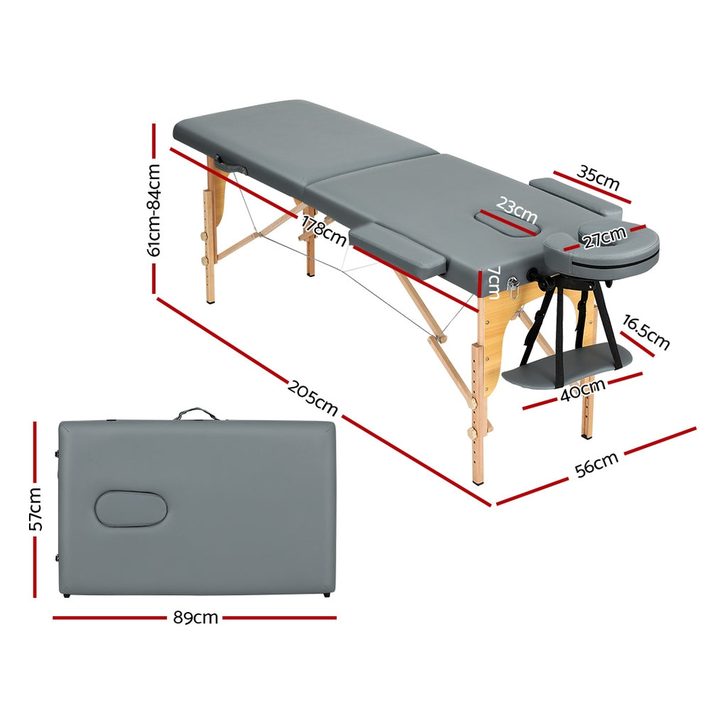 Zenses Massage Table 56cm Portable 2 Fold Wooden Beauty Bed Grey