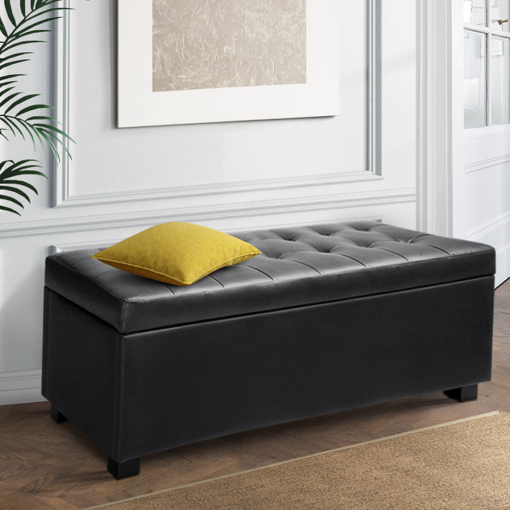 Artiss Storage Ottoman Blanket Box 97cm Leather Black