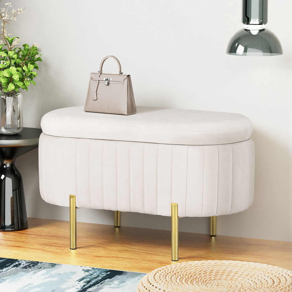 Artiss Storage Ottoman Blanket Box 87cm Velvet Oval White