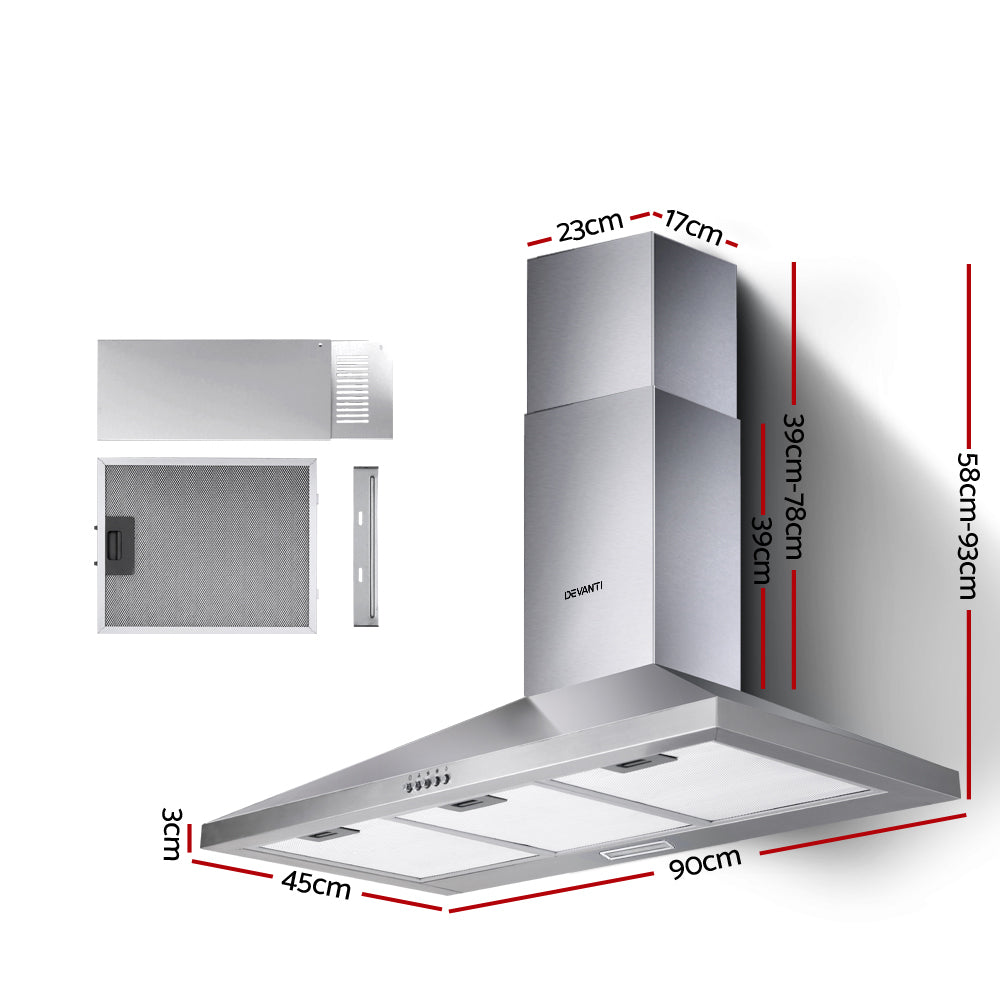 Devanti 900mm Range Hood 90cm Rangehood Stainless Steel