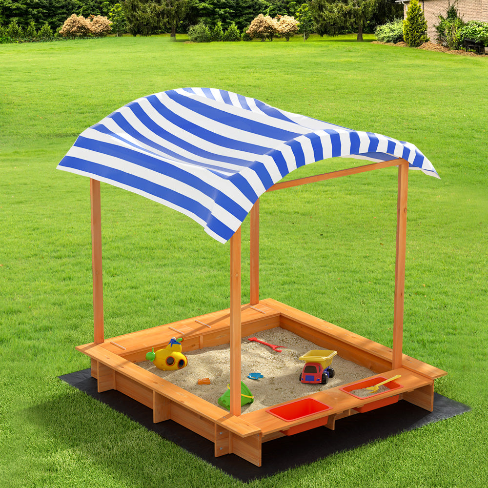 Keezi Kids Sandpit Wooden Sandbox Sand Pit with Canopy Water Basin Toys 146cm