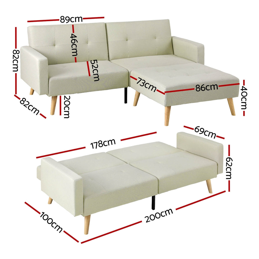 Artiss Sofa Bed Ottoman 3 Seater Beige Faux Linen