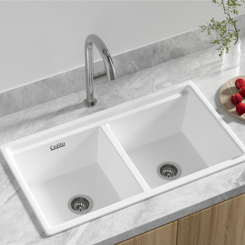 Cefito Kitchen Sink Stone Sink Granite Laundry Basin Double Bowl 79cmx46cm White