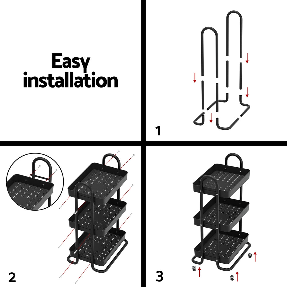 Artiss Storage Trolley Kitchen Cart 3 Tiers Rack Shelf Organiser Wheels Black