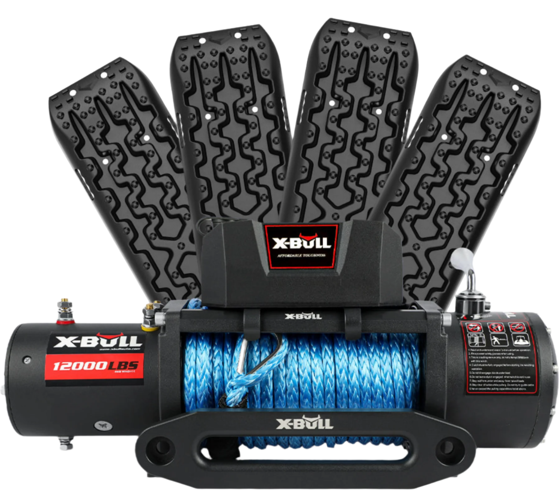 X-BULL 12V Electric Winch 12000LBS synthetic rope with 4PCS Recovery Tracks Gen3.0 Black