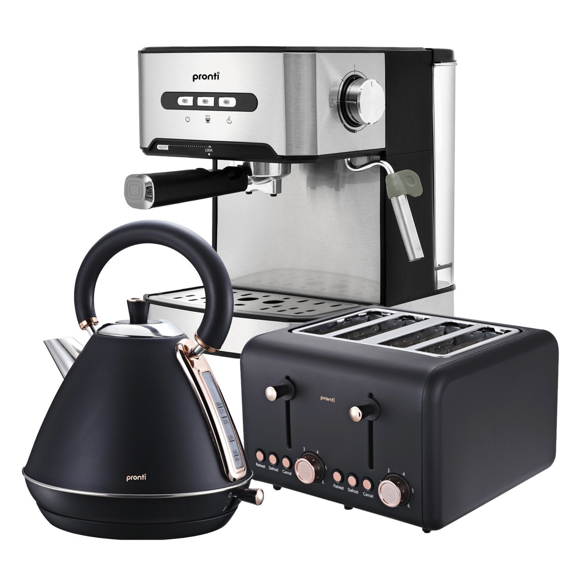 Pronti Toaster, Kettle & Coffee Machine Breakfast Set - Black