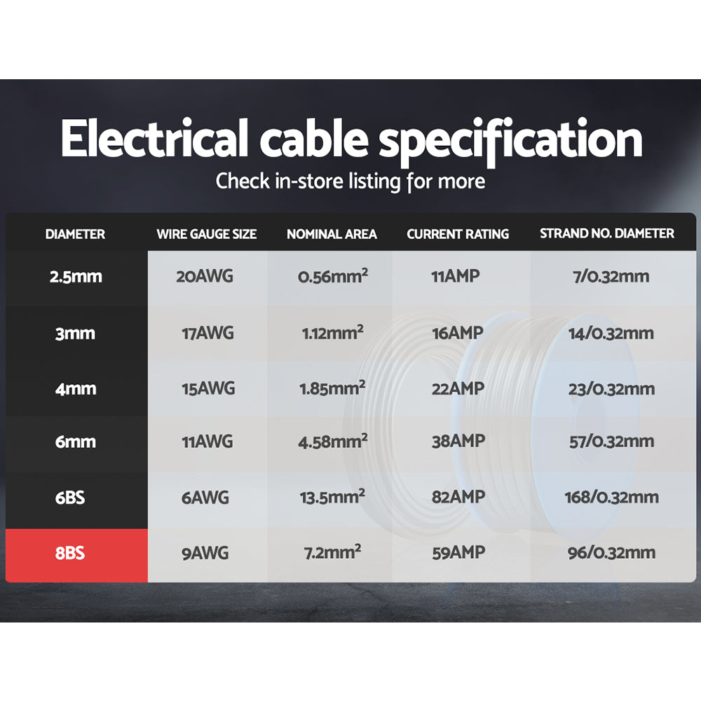 Giantz 8B&S 10M Twin Core Wire Electrical Cable Extension Car 450V 2 Sheath