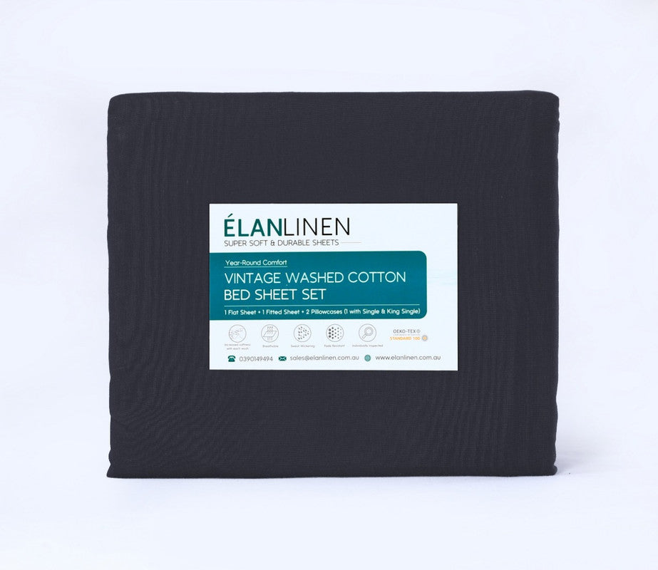 Elan Linen 100% Egyptian Cotton Vintage Washed 500TC Charcoal Double Bed Sheets Set