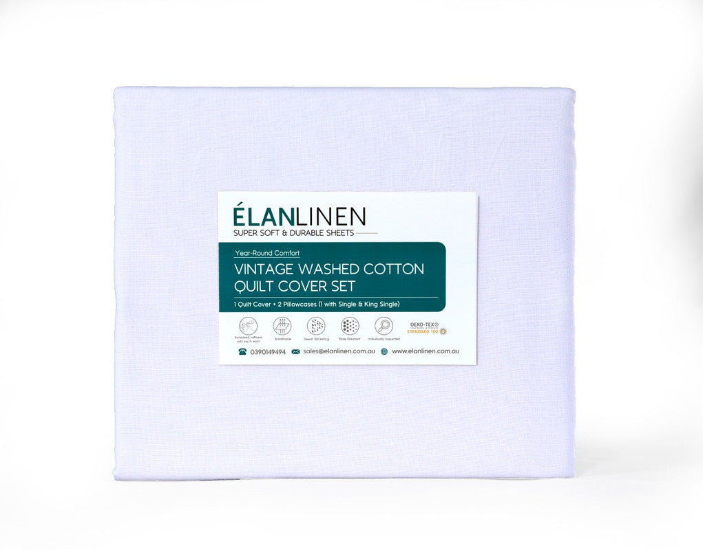 Elan Linen 100% Egyptian Cotton Vintage Washed 500TC White Double Bed Sheets Set