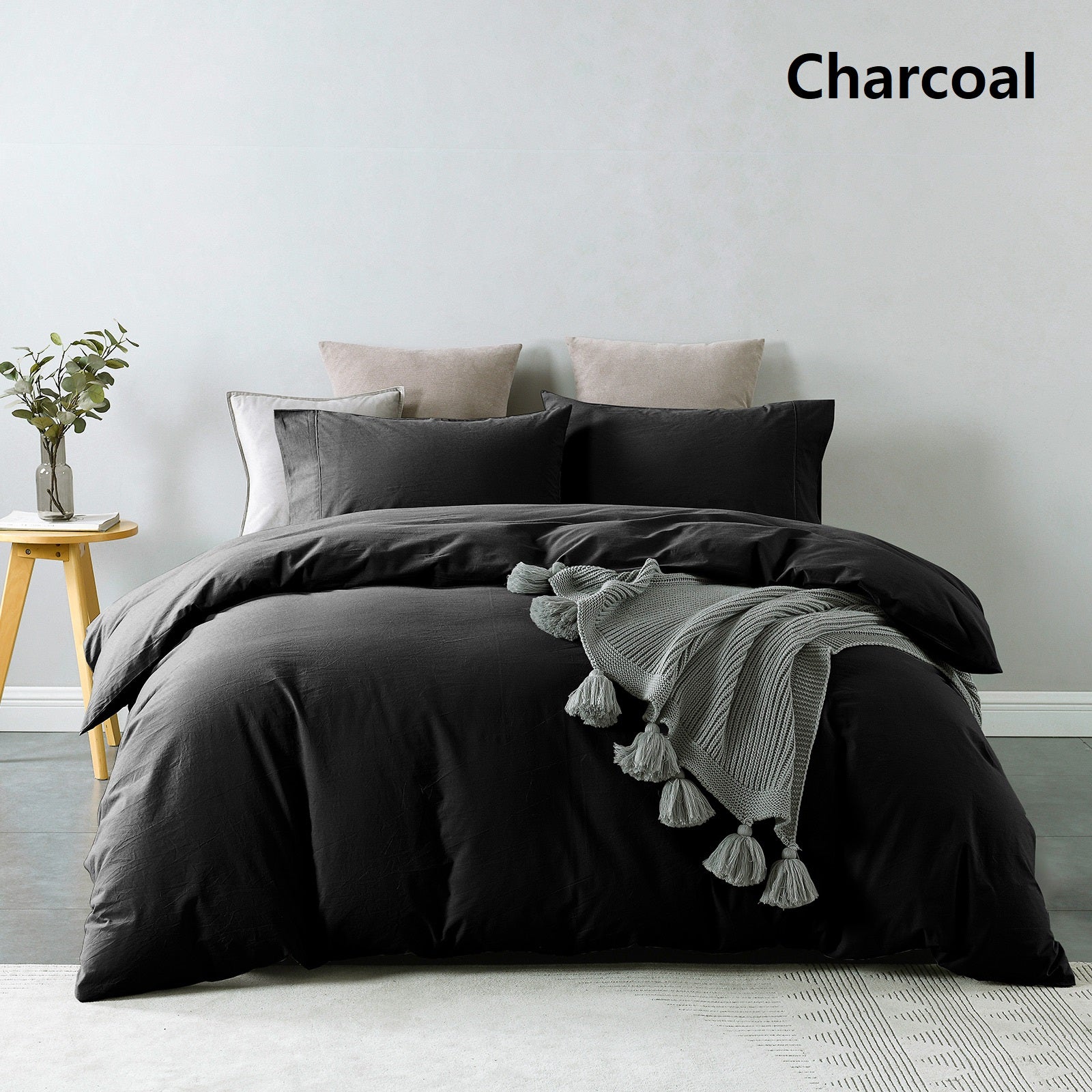 Royal Comfort Vintage Washed 100% Cotton Quilt Cover Set Bedding Ultra Soft - King - Charcoal