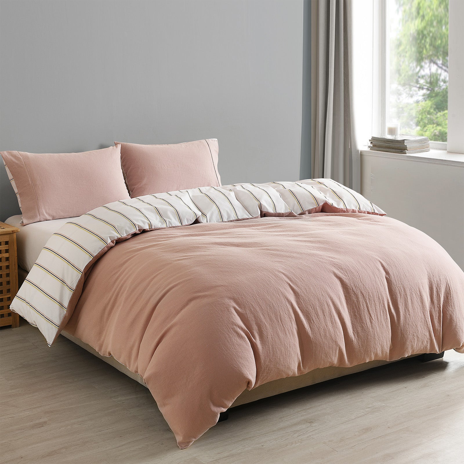 Royal Comfort Hemp Braid Cotton Blend Quilt Cover Set Reverse Stripe Bedding - Queen - Dusk Pink