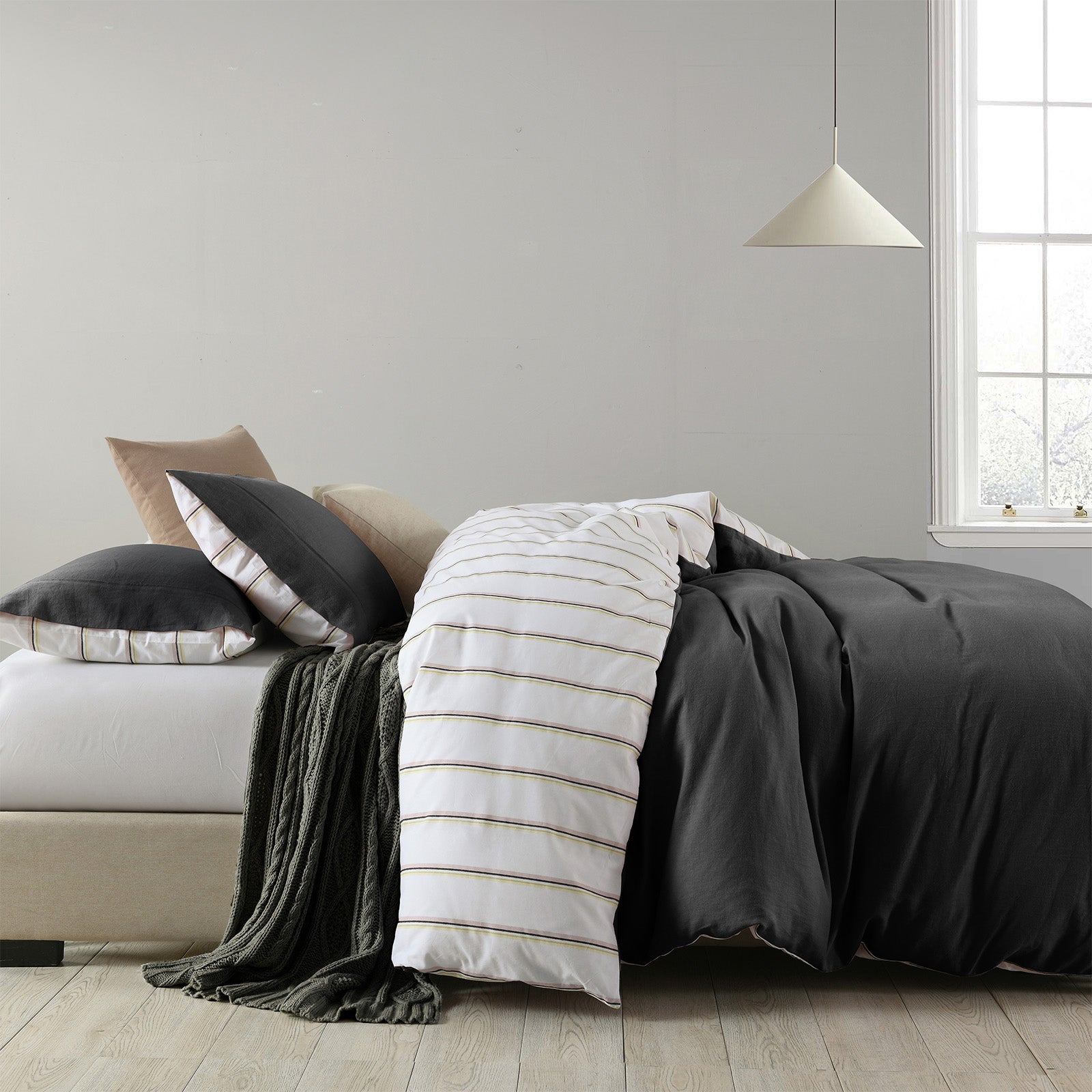 Royal Comfort Hemp Braid Cotton Blend Quilt Cover Set Reverse Stripe Bedding - Queen - Charcoal