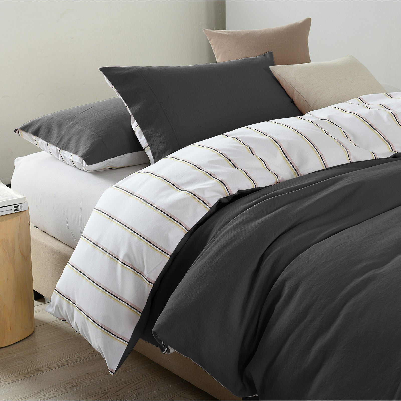 Royal Comfort Hemp Braid Cotton Blend Quilt Cover Set Reverse Stripe Bedding - King - Charcoal