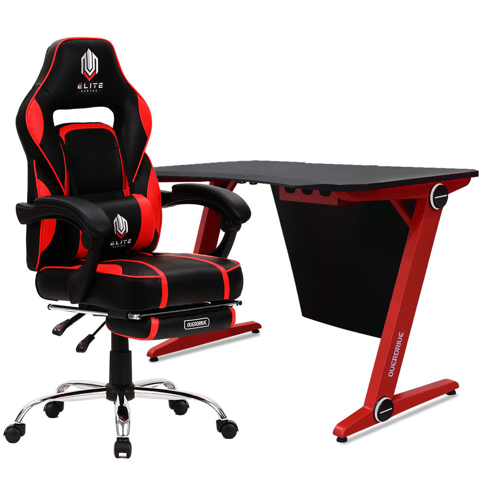 OVERDRIVE Racing Gaming Chair Desk Combo Setup PC Black Red