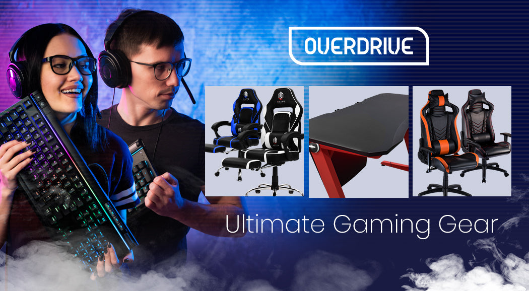 OVERDRIVE Racing Gaming Chair Desk Combo Setup PC Black Red