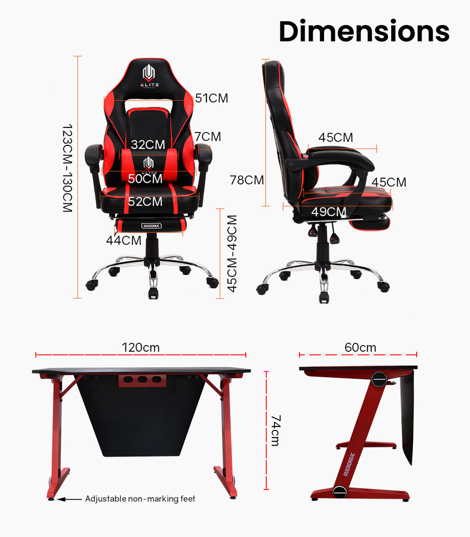 OVERDRIVE Racing Gaming Chair Desk Combo Setup PC Black Red