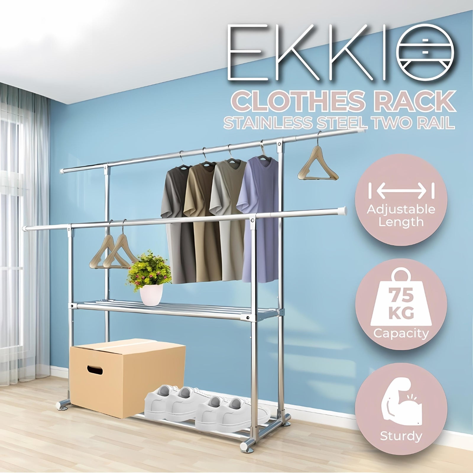 Ekkio Clothes Rack Stainless Steel Two Rail