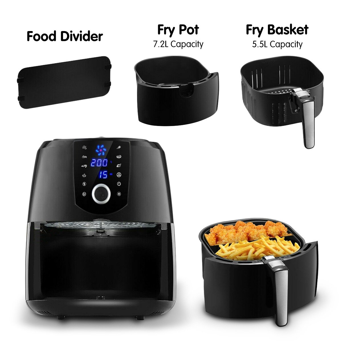 Pronti 7.2l Electric Air Fryer - 1800w Healthy Cooker For Oil-free Low-fat Cooking Kitchen Bench-top Oven Oil Free Low Fat - Black