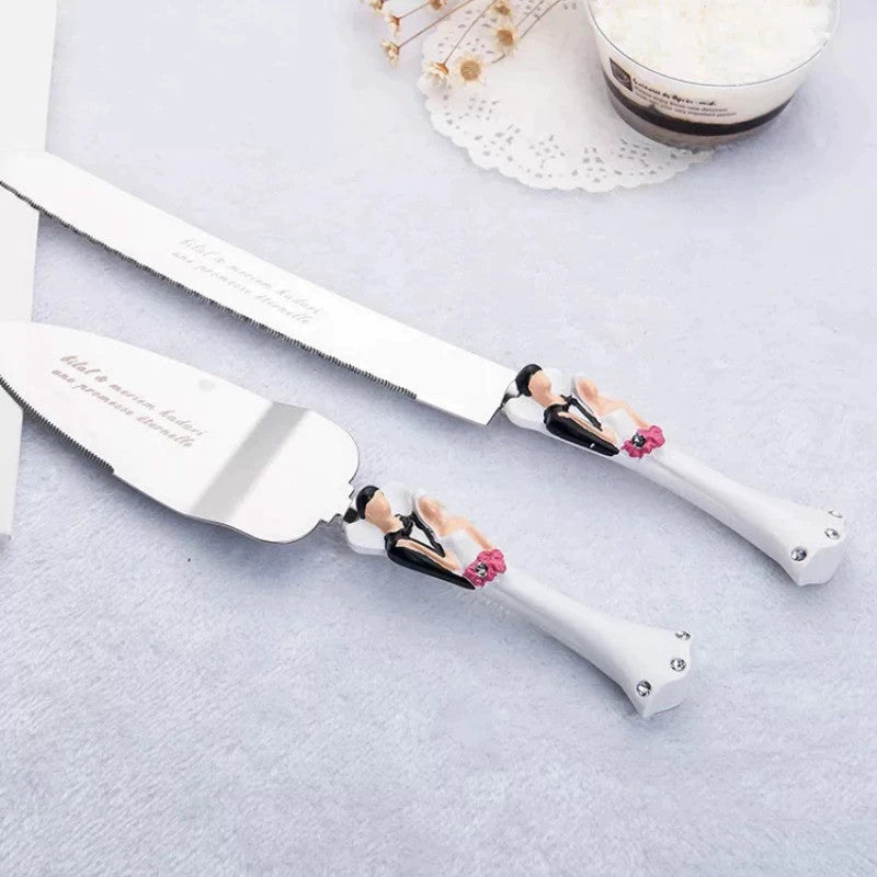 Bride Groom Cake Server Wedding Boxed Set - Bride Groom Handles