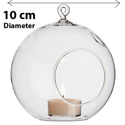 10 x Hanging Clear Glass Ball Tealight Candle Holder  - 10cm Diameter / High