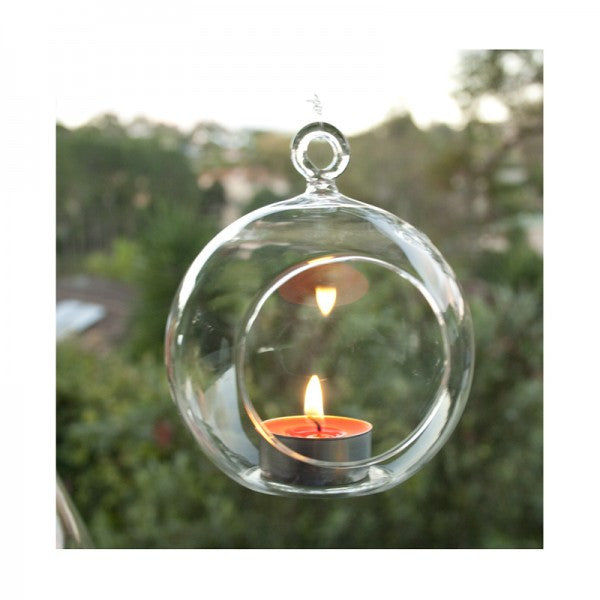 10 x Hanging Clear Glass Ball Tealight Candle Holder  - 10cm Diameter / High