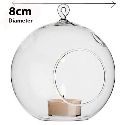 10 x Hanging Clear Glass Ball Tealight Candle Holder  - 8cm Diameter / High