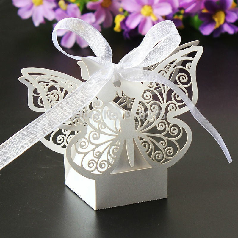 100 Piece Pack - Ivory Cream Butterfly Bomboniere Favour Box