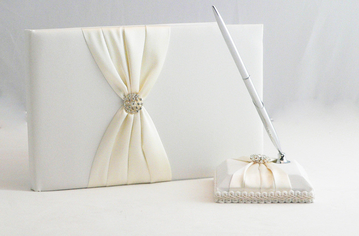 White with Ivory Bow Wedding Guest Book Register with Silver Pen Matching Stand