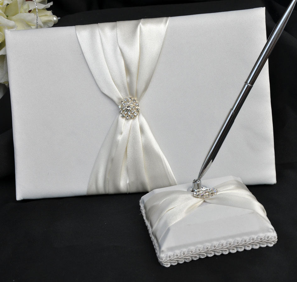 White with Ivory Bow Wedding Guest Book Register with Silver Pen Matching Stand