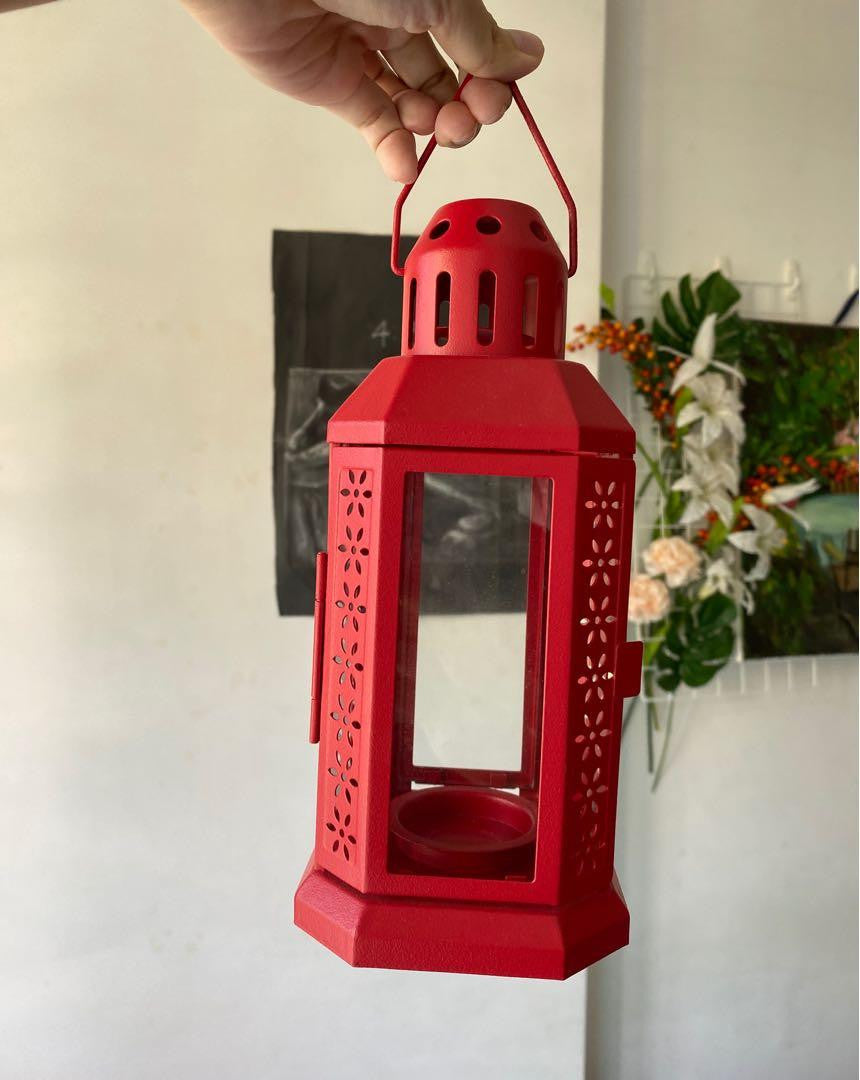 Red Metal Miners Lantern  Decoration 21cm Tealight Candle