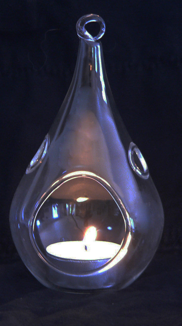 4 x Hanging Clear Glass Tealight Candle Holder Tear Drop Pear Hour Glass Shape - 20cm