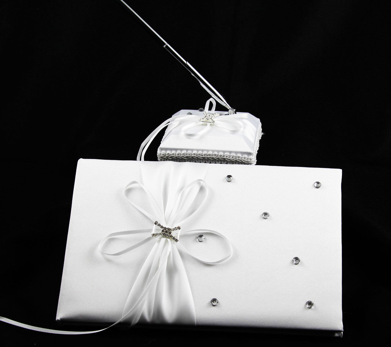 White Diamante Wedding Guest Book Register with Silver Pen Matching Stand