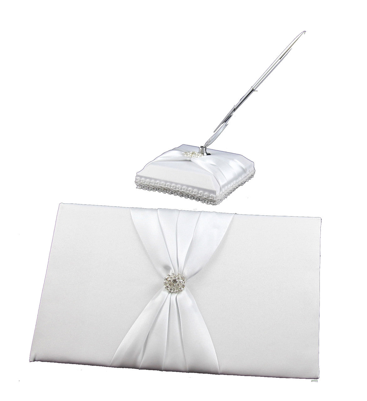 White with White Bow Wedding Guest Book Register with Silver Pen Matching Stand Set