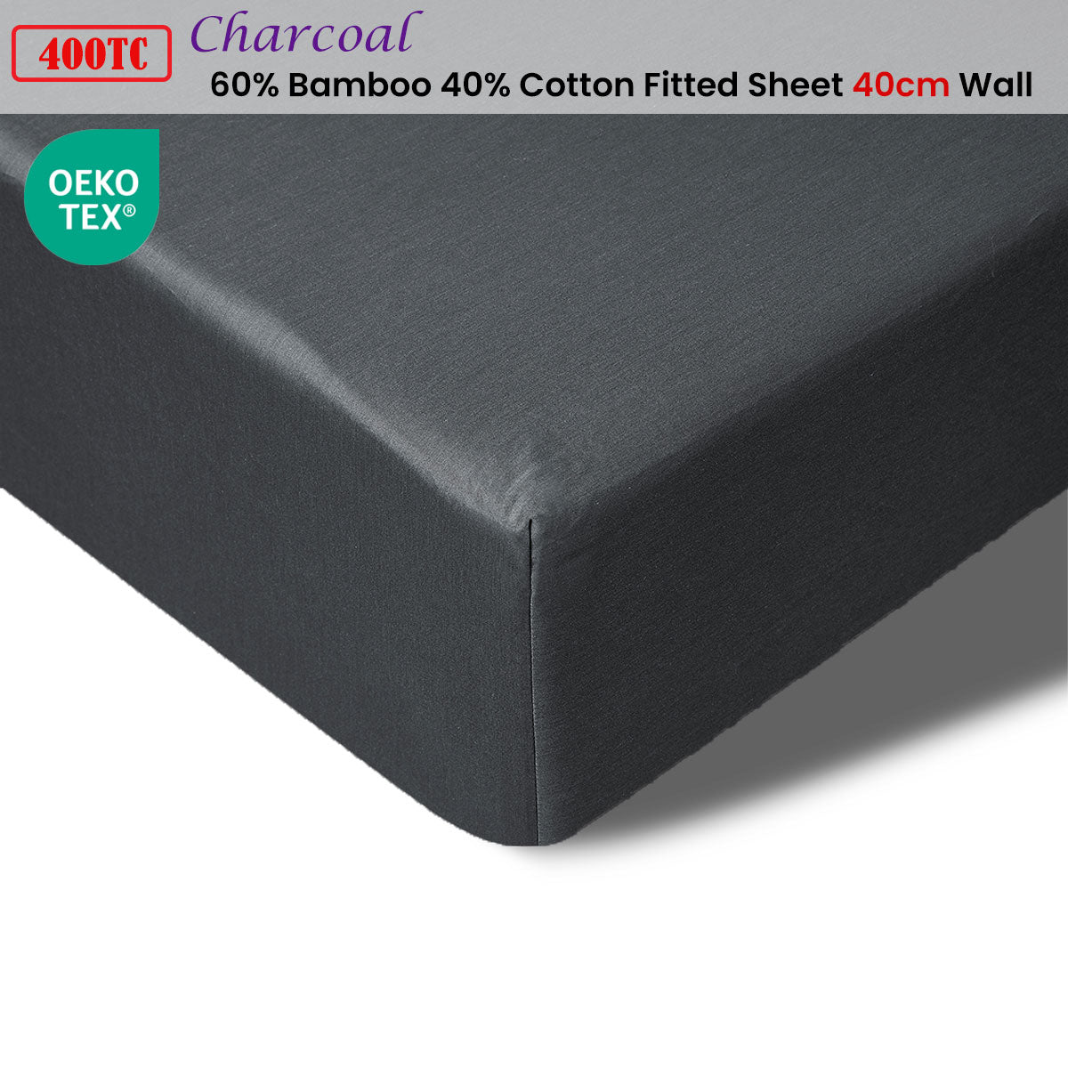 Accessorize 400TC Charcoal Bamboo Cotton Fitted Sheet 40cm Wall King Single