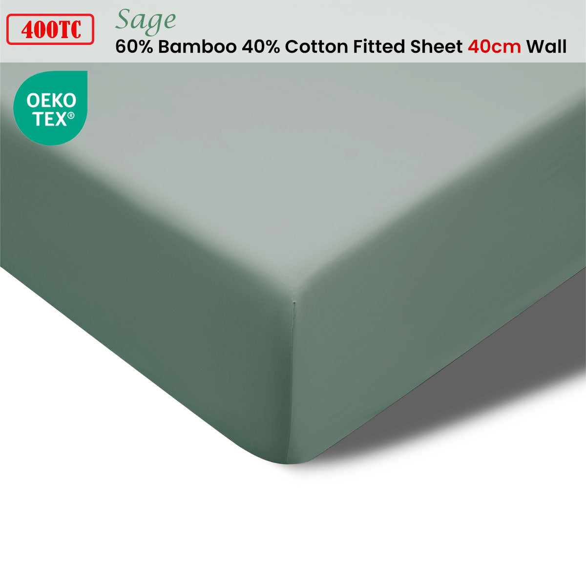 Accessorize 400TC Sage Bamboo Cotton Fitted Sheet 40cm Wall King