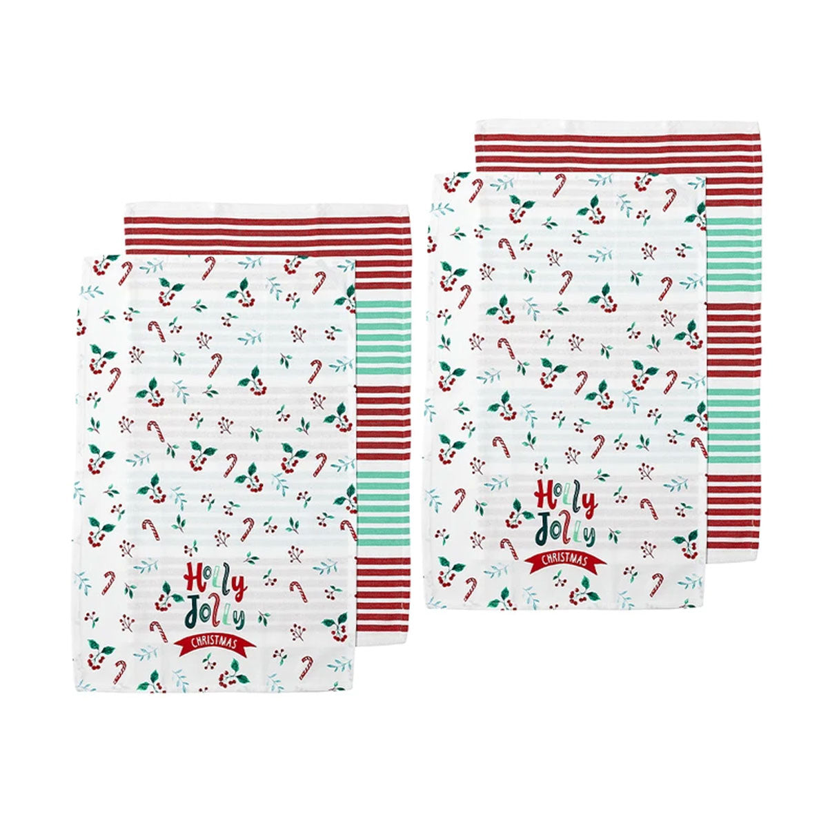 Ladelle Joyful Holly Jolly Christmas Set of 4 Cotton Kitchen Towels 45 x 70 cm