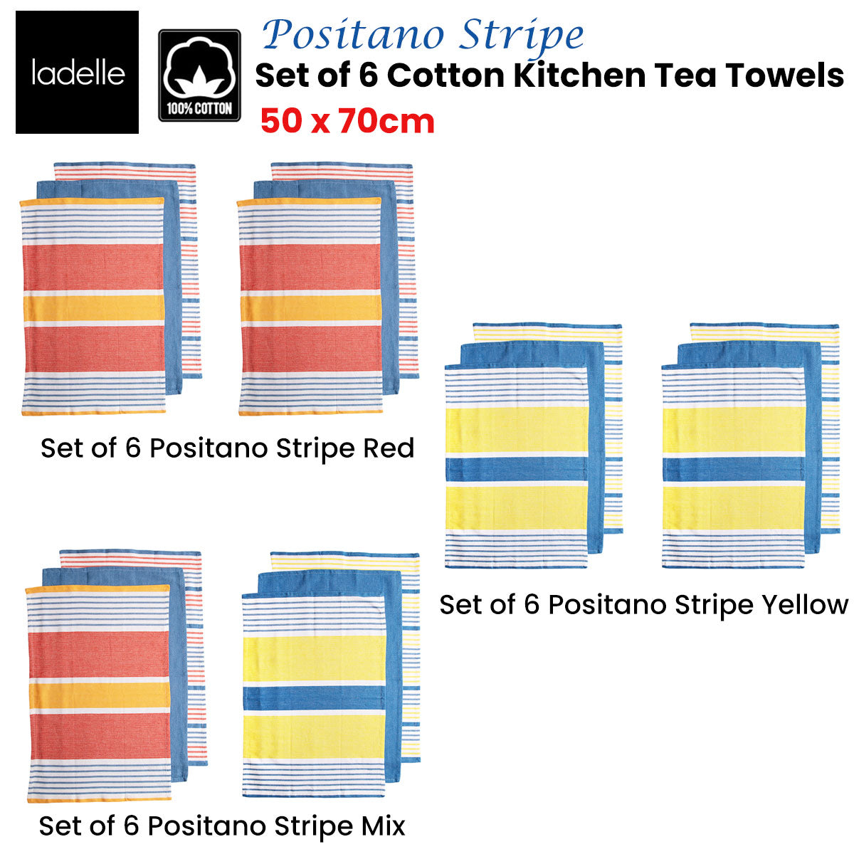 Ladelle Set of 6 Positano Stripe Cotton Kitchen Tea Towels 50 x 70 cm Red