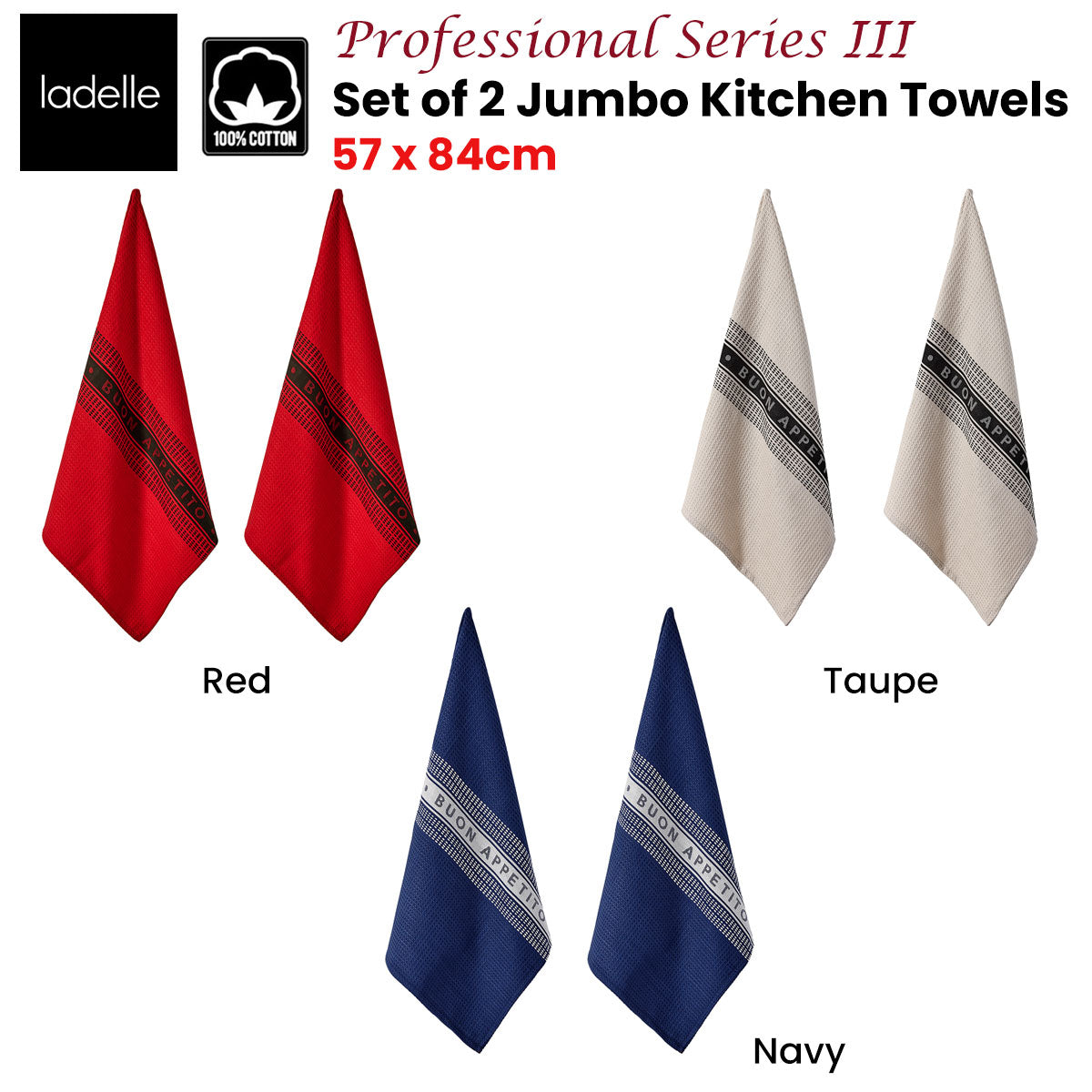 Ladelle Set of 2 Professional Series III Jumbo Cotton Kitchen Towels 57 x 84 cm Navy