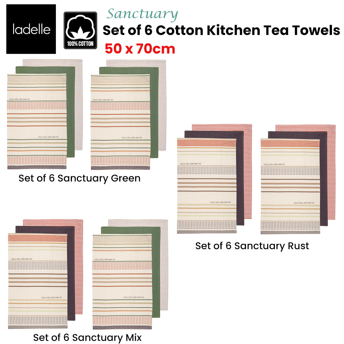 Ladelle Set of 6 Sanctuary Cotton Kitchen Tea Towels 50 x 70 cm Rust