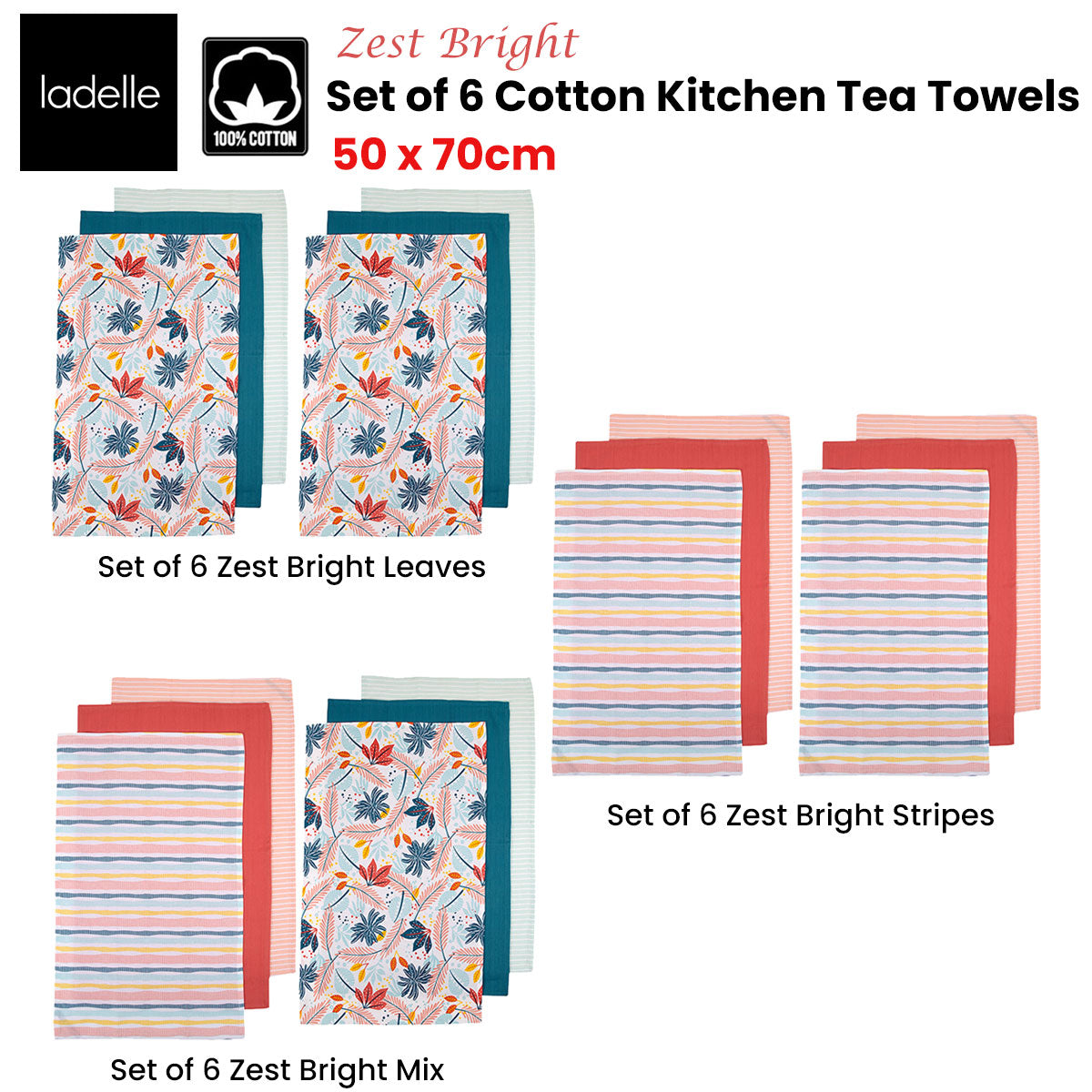 Ladelle Set of 6 Zest Bright Cotton Kitchen Tea Towels 50 x 70 cm Stripes