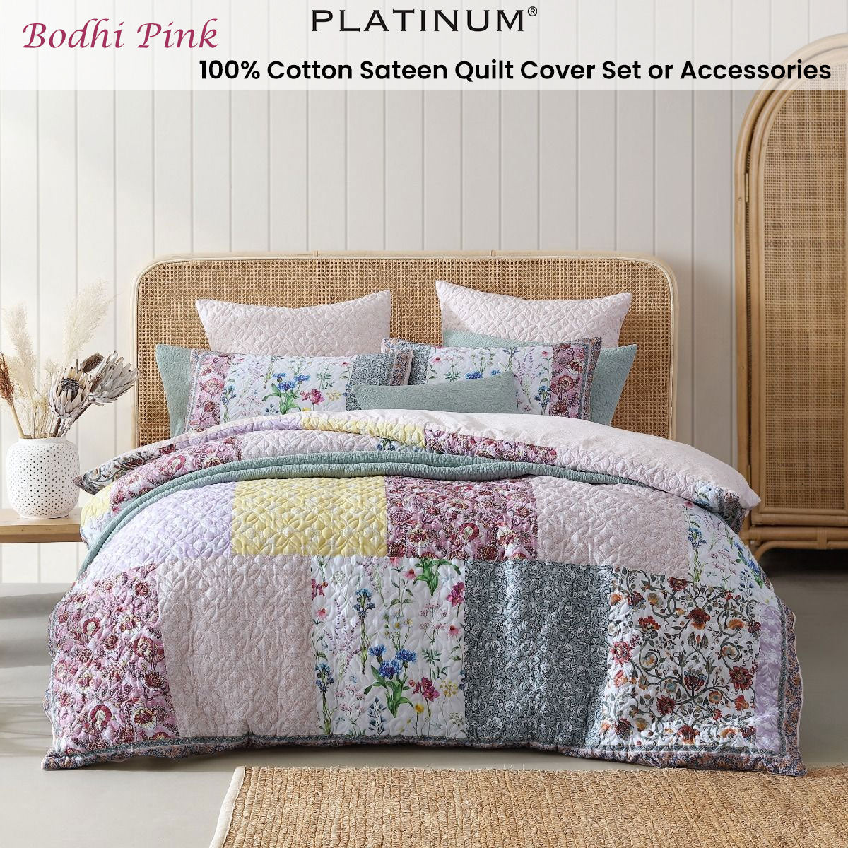 Platinum Collection Bodhi Pink 100% Cotton Sateen Quilt Cover Set Queen