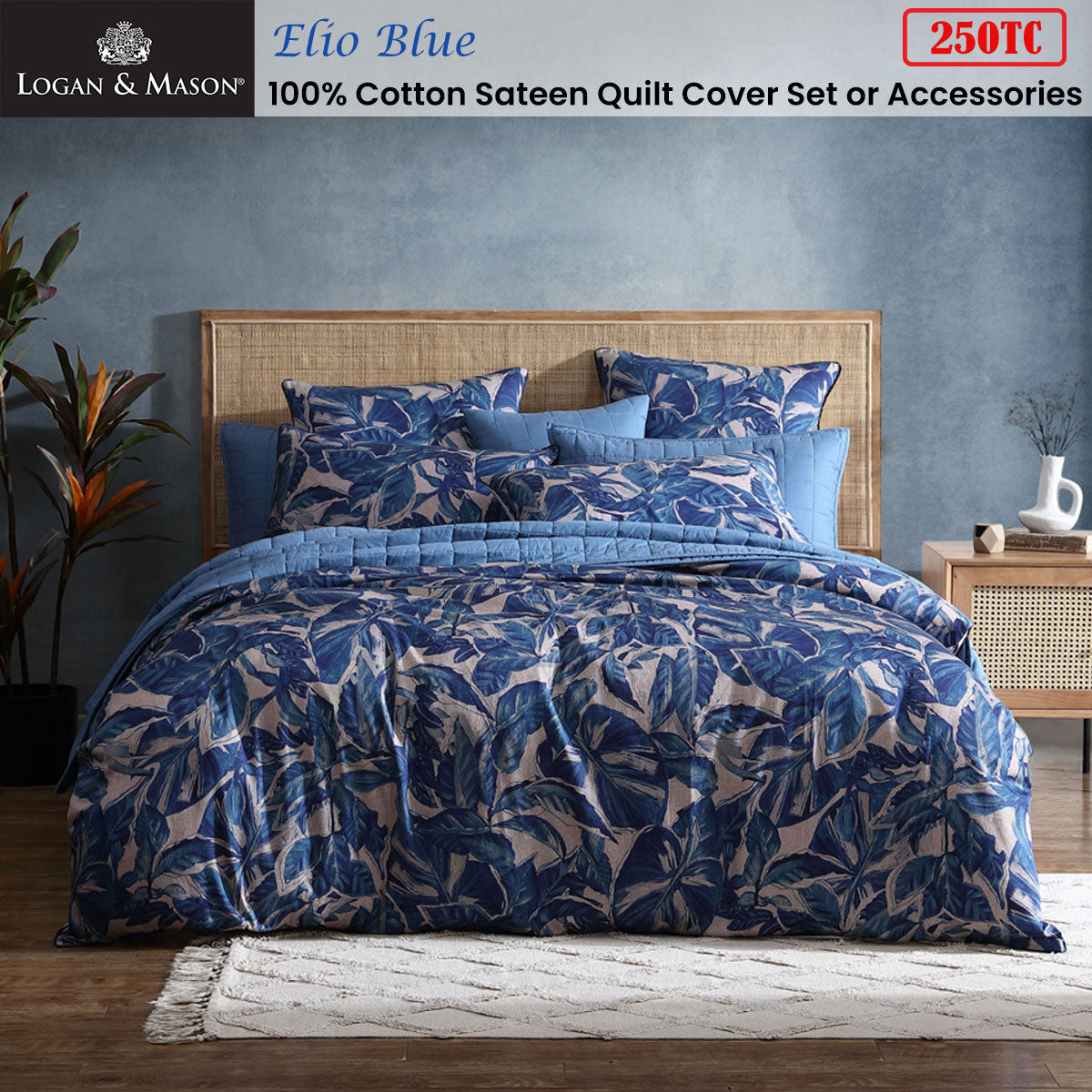 Logan & Mason Elio Blue 250TC 100% Cotton Sateen Quilt Cover Set Queen