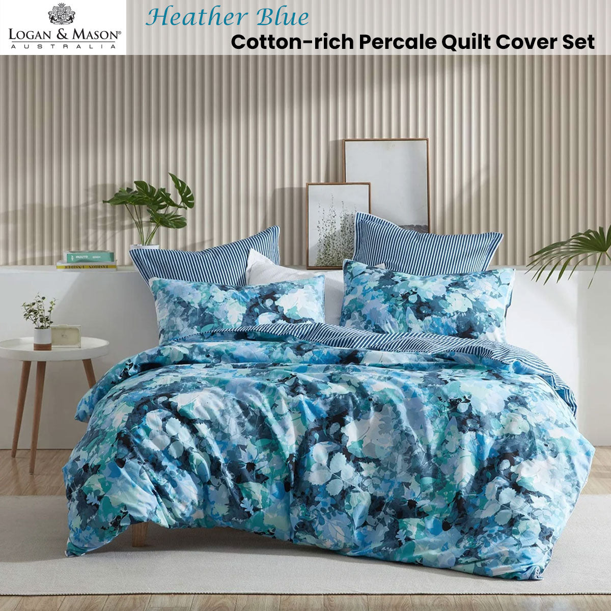 Logan and Mason Heather Blue Cotton-rich Percale Print Quilt Cover Set Queen