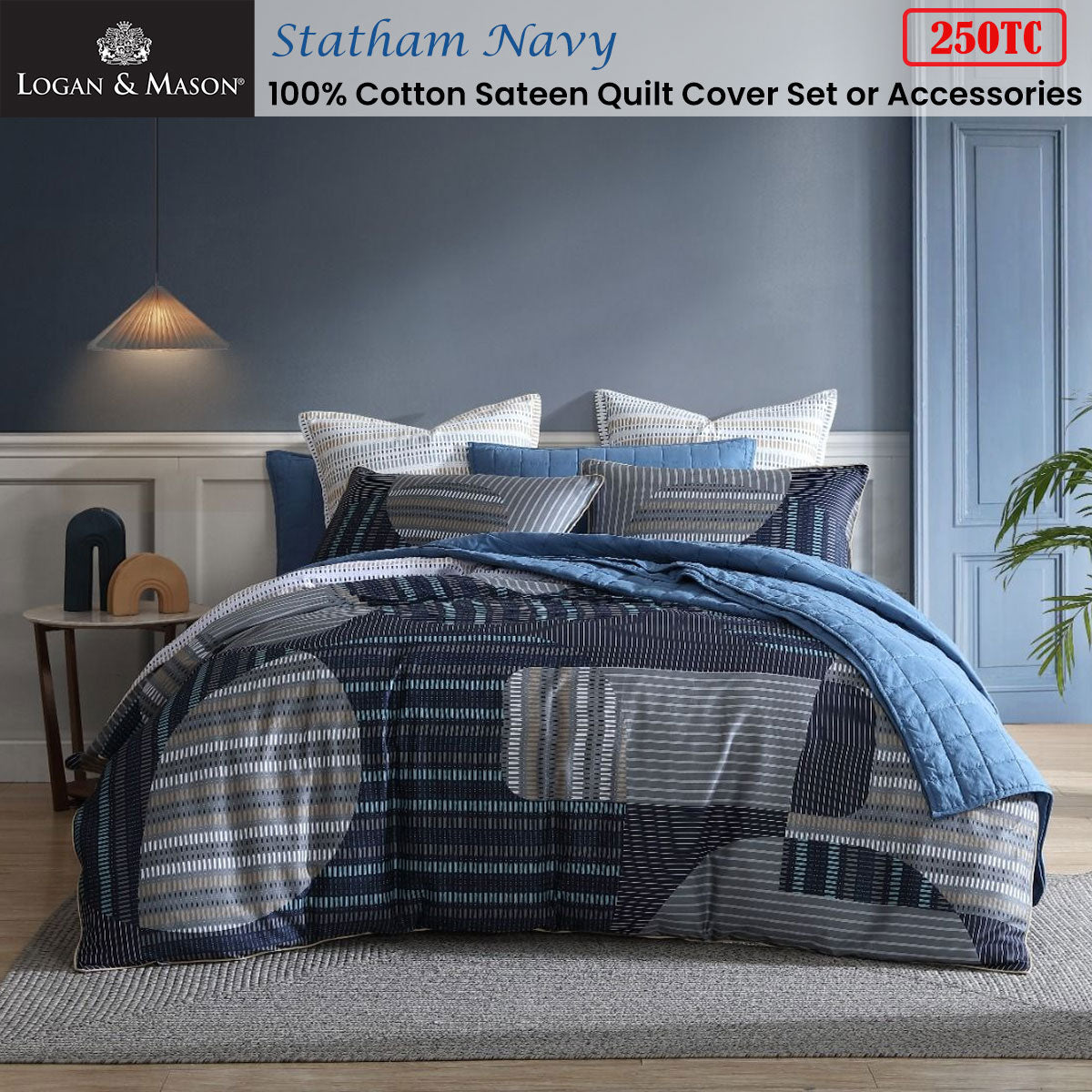 Logan & Mason Statham Navy 250TC 100% Cotton Sateen Quilt Cover Set King